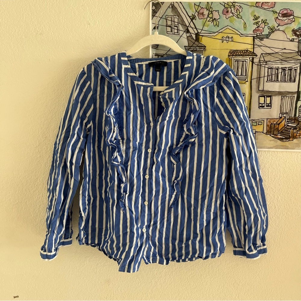 J.Crew Blue White Striped Ruffle Blouse – Size 8